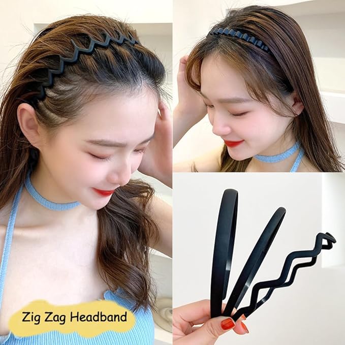 TOBATOBA 12Pcs Black Headbands for Women with Teeth Plastic Head Bands for Women's Hair Non Slip Comb Skinny Zig Zag Headbands Fashion Hair Accessories for Women Men Teen Girls