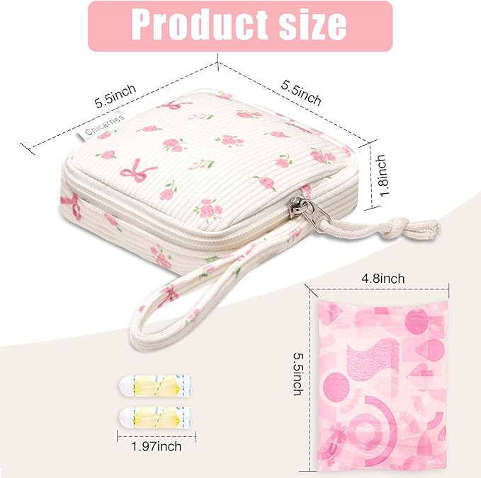 Chicarries Small Makeup Bag | Discreet Period Bag Pad Pouch for Purse| Sanitary Napkin Storage & Tampon Holder for Travel Wallets and Handbags(Flower bow beige)
