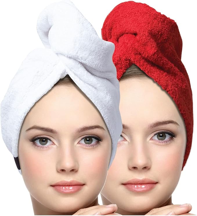 KEEPOZ Hair Towel Wrap Quick Dry 100% Cotton Super Absorbent Turban Head Wrap for Women with Button, Non Microfiber Anti Frizz, Hair Cap for Curly, Long & Thick Hair (Red+White, 2 Pcs)