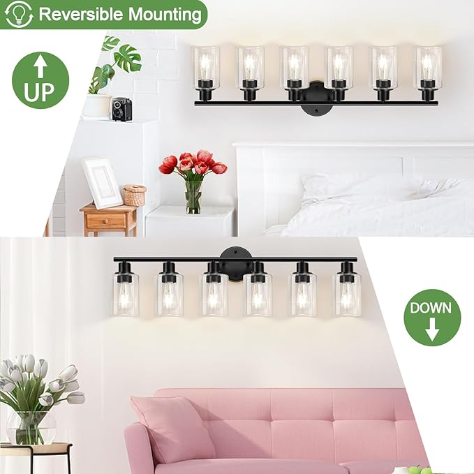 Zarbitta 6-Light Bathroom Light Fixtures, Black Modern Vanity Lights with Clear Glass Shade, Bathroom Wall Lamp for Mirror Kitchen Living Room Hallway Cabinet