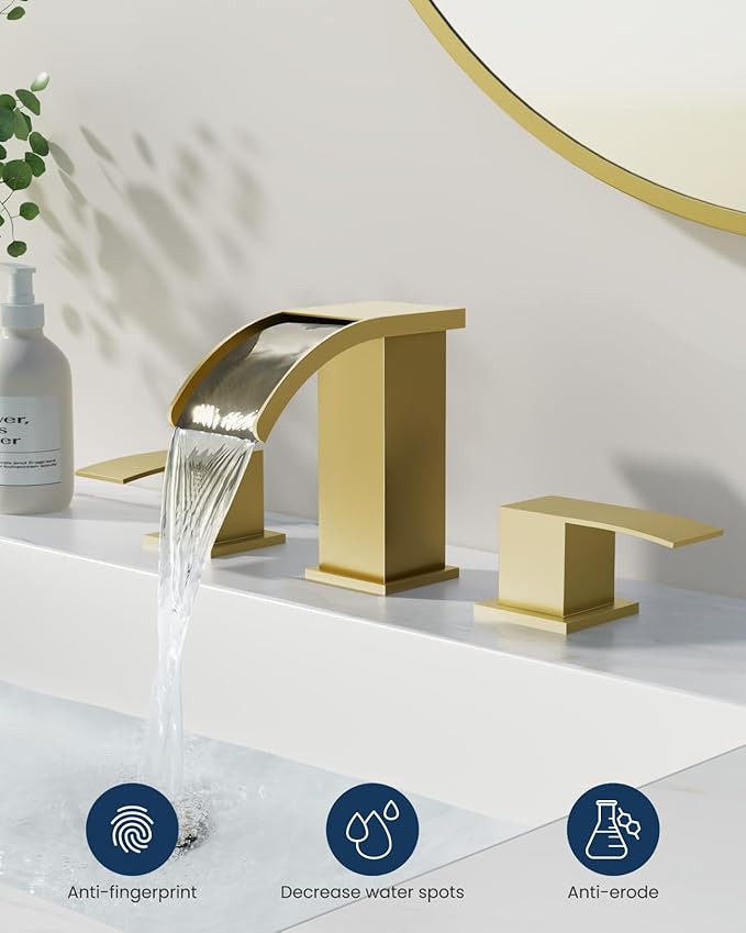gotonovo Waterfall 8 inch Widespread Bathroom Faucet Set Bathroom Sink Faucet 3 Hole 2 Handle Vanity Lavatory Deck Mount with Pop Up Drain and Water Supply Lines Square Body Brushed Gold