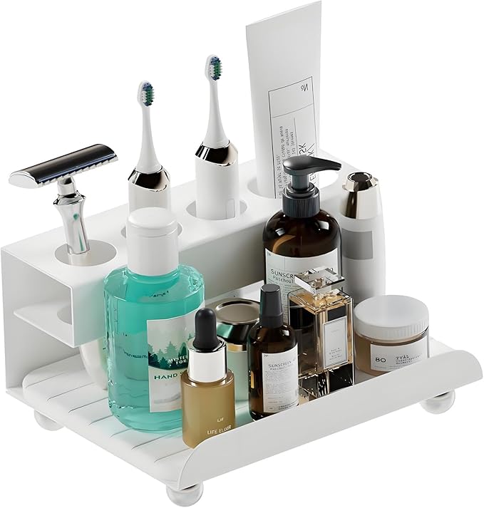 YOOLENS Quick Dry Electric Toothbrush Holder 4 Slots Metal Bathroom Counter Organizer for Toothpaste Razor Mouthwash, White