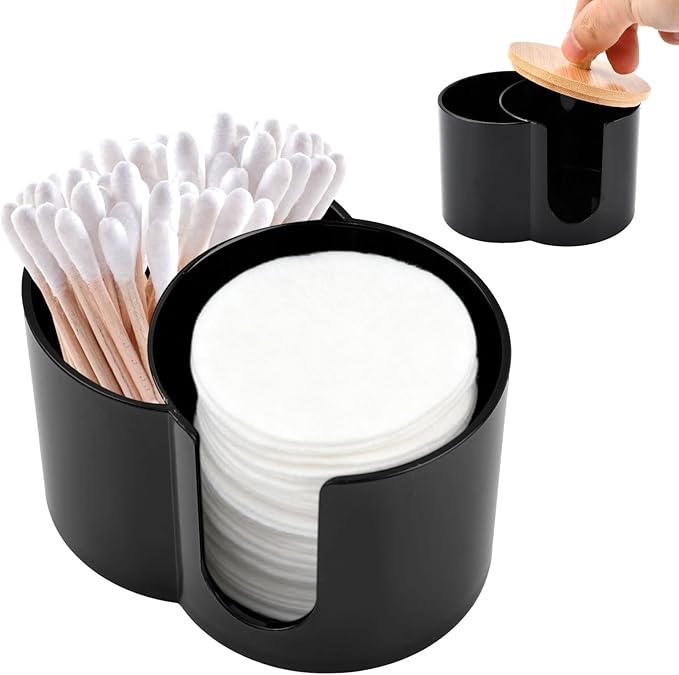 YOSINXU Dual-Compartment Cotton Swab & Pad Organizer with Removable Dustproof Lid, Bathroom Accessories Storage Organizer for Swabs, Cotton-Pads(Black)