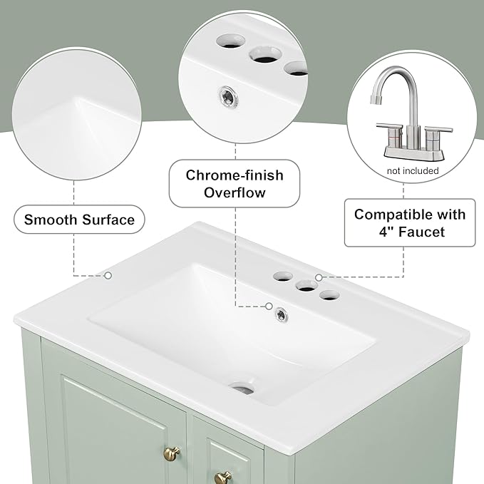 Harper & Bright Designs 24" Bathroom Vanity with Sink, Free Standing Single Vanity Set with 3 Drawers and One Door with Storage Racks, Storage Cabinet with Ceramic Basin for Bathroom, Light Green