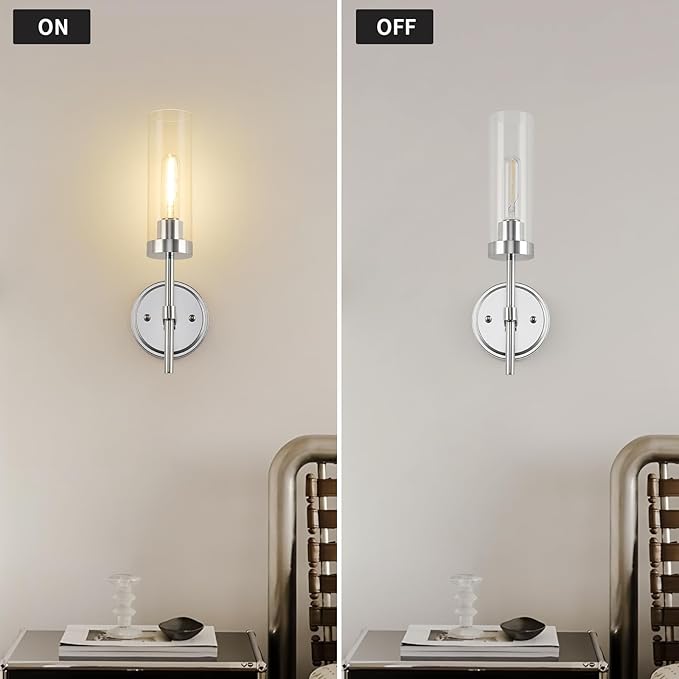 WILON Modern Wall Sconces Set of 2, Chrome Bathroom Light Fixture with Long Clear Glass Shades, Indoor Siver Wall Lamp for Vanity Mirror Bedroom Living Room Bedside Hallway Corridor Stairs