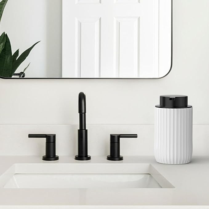 POSOSTO Ceramic Foaming Hand Soap Dispenser，12 oz Bathroom Soap Dispensers， Lotion Dispenser for Kitchen, Refillable Matte Streaks Soap Dispenser with Large Pump (White)