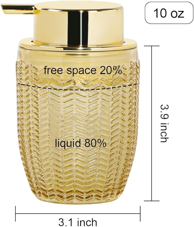 Foaming Soap Dispenser, Glass Foam Hand Soap Dispenser with Pump, 10 Oz Bathroom Refillable Liquid Lotion Pump Creamy Foam Bottle Container for Kitchen Countertop Decor (1, Amber and Gold)
