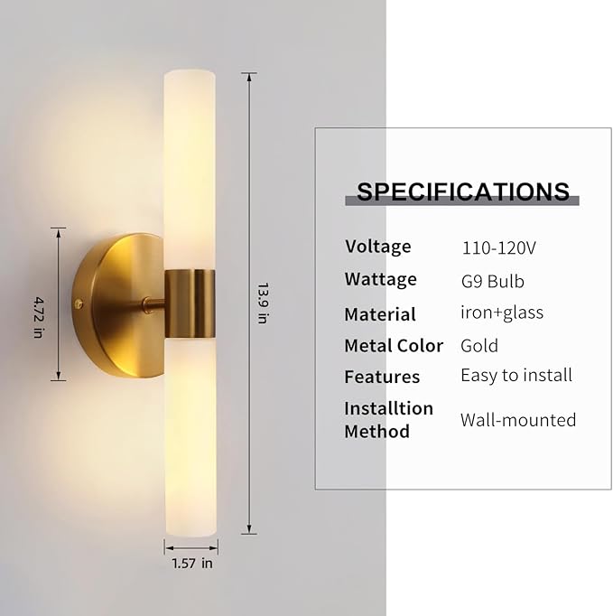 Wall Sconces Set of Two, Brass Gold Bathroom Sconces Wall Lighting with White Glass, Modern Sconces Wall Decor Set of 2 Wall Light fixtures for Bathroom Mirror Living Room Hallway Wall Lamp