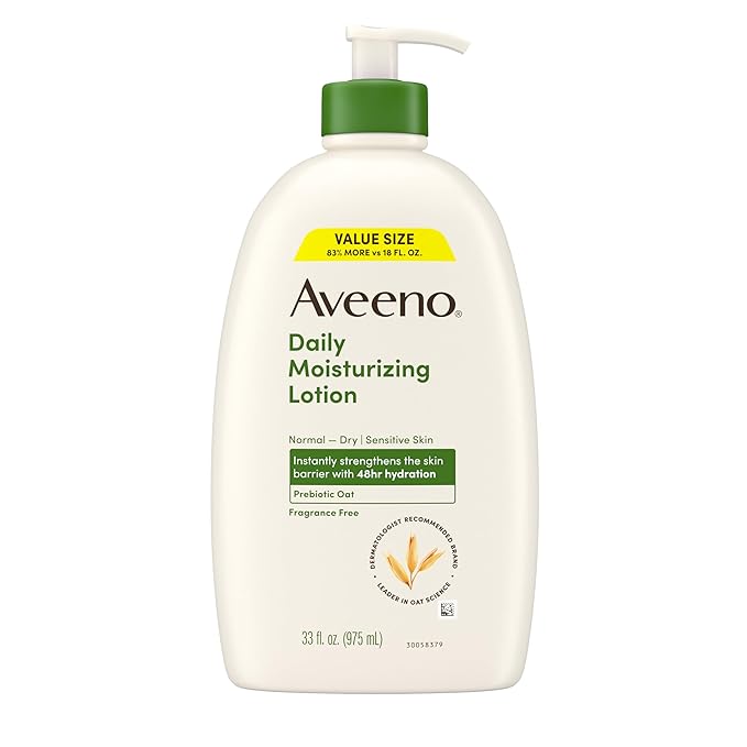 Aveeno Daily Moisturizing Body Lotion with Soothing Prebiotic Oat, Gentle Lotion for Women & Men Nourishes Dry Skin, Paraben-, Dye-, & Fragrance-Free, Non-Greasy, Non-Comedogenic, Value Size 33 Fl Oz