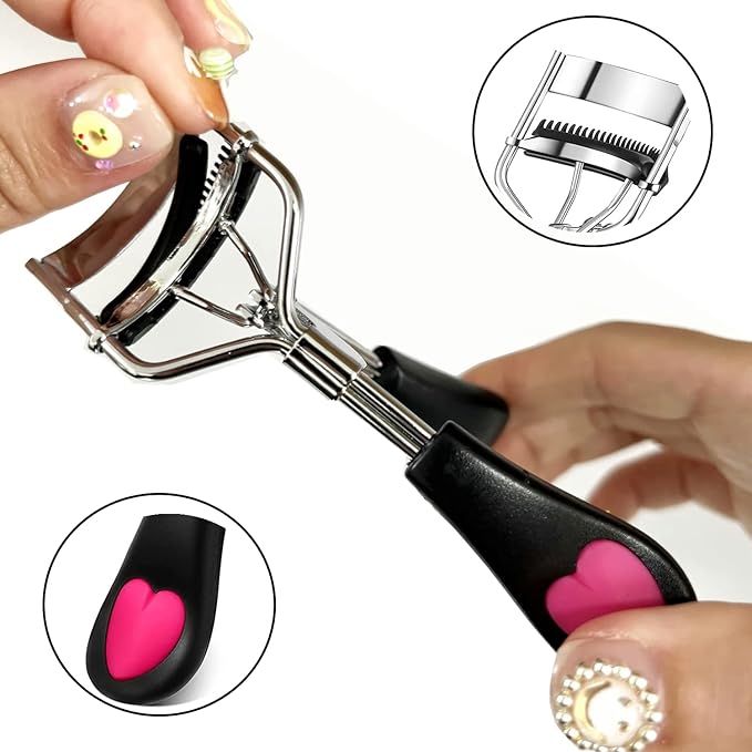 2 Pcs Stainless Steel Eyelash Curler with Built-in Comb Pinch Pain-Free Suitable for Any Eye Shapes and Sizes, with 4 Silicone Refill Pads（Black&Light Pink）