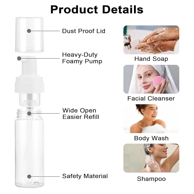 Autdor Foam Pump Bottle 1.7oz 2Pcs Foaming Soap Dispenser 50ml Foaming Spray Bottle Empty Travel Foam Bottle Clear Foam Dispenser for Hand Soap Toiletries Shampoo Lotion