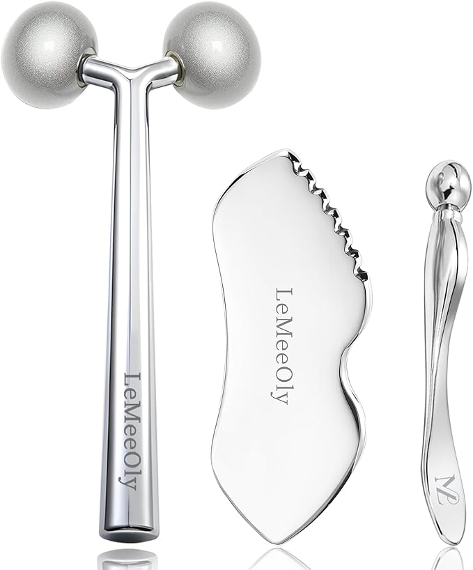 LeMeeOly 2Pcs Gua Sha Facial Tools Stainless Steel, Detailer GuaSha Set for Face and Neck, Natural Skin Care Metal Gua Sha Lymphatic Drainage Face Massage Tool, Gift for Women