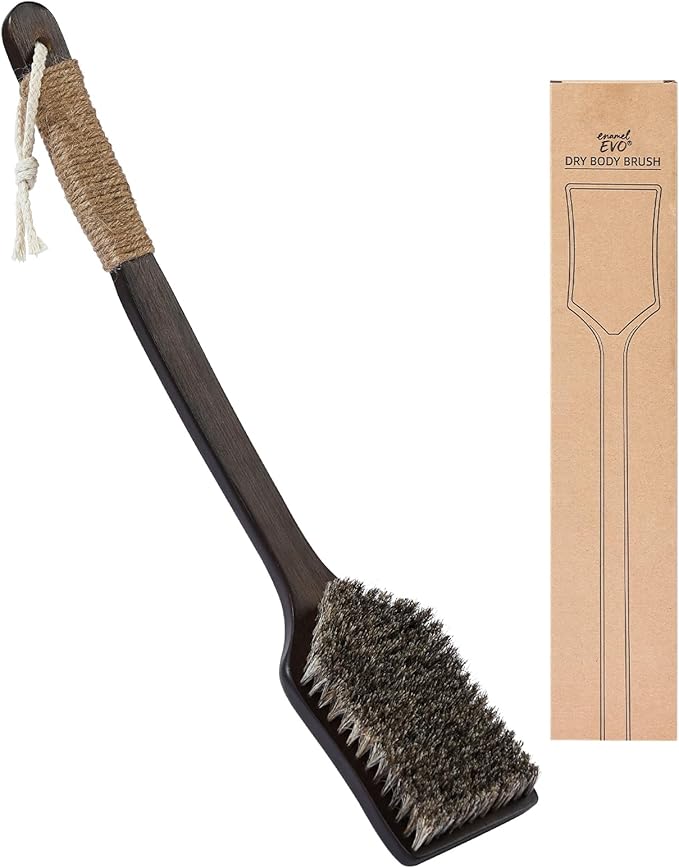 ENAMELEVO Back Scrubber Shower Brush,Dry Brushing Body Brush with 17.7 Inch Curved Long Handle, Natural Bristles for Lymphatic Drainage, Soft & Stiff Bristles Available (Natural Fiber, Medium)