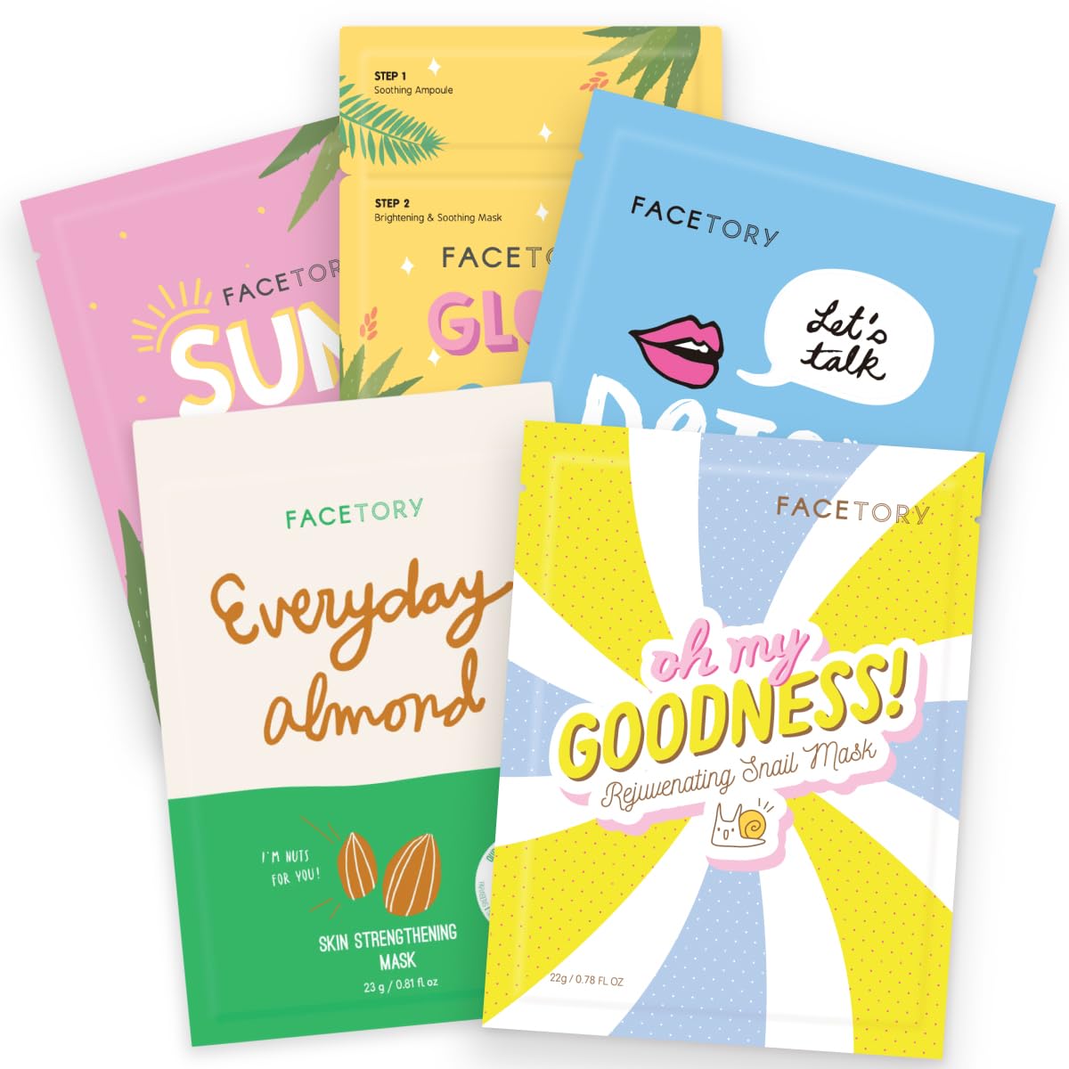 FACETORY Favorite 5 Korean Face Mask Variety Pack, Glass Skin Glow
