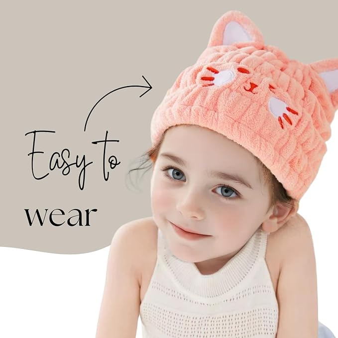 LCBD Microfiber Hair Towel Wrap for Kids, Pink Cat Dry Hair Cap Suck Water, Absorbent Quick Girls Boys Hair Drying Towel, Lightweight Bouncy Hat Headscarf