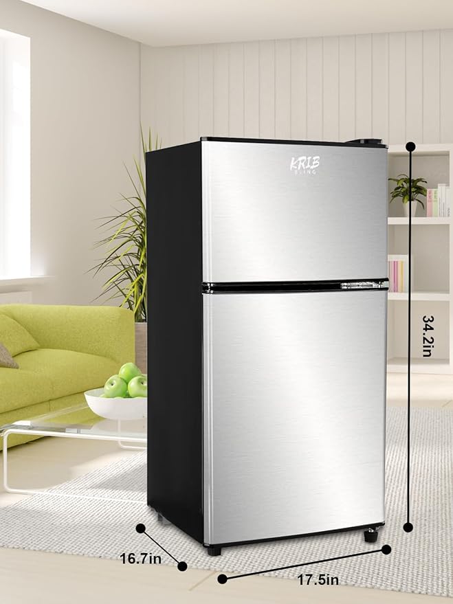 KRIB BLING Mini Fridge With Freezer,3.5 Cu. Ft Compact Refrigerator With 2 Doors,7- Level Adjustable Thermostat, Removable Glass Shelves For Bedroom, Office, Kitchen, Apartment, Dorm, Silver