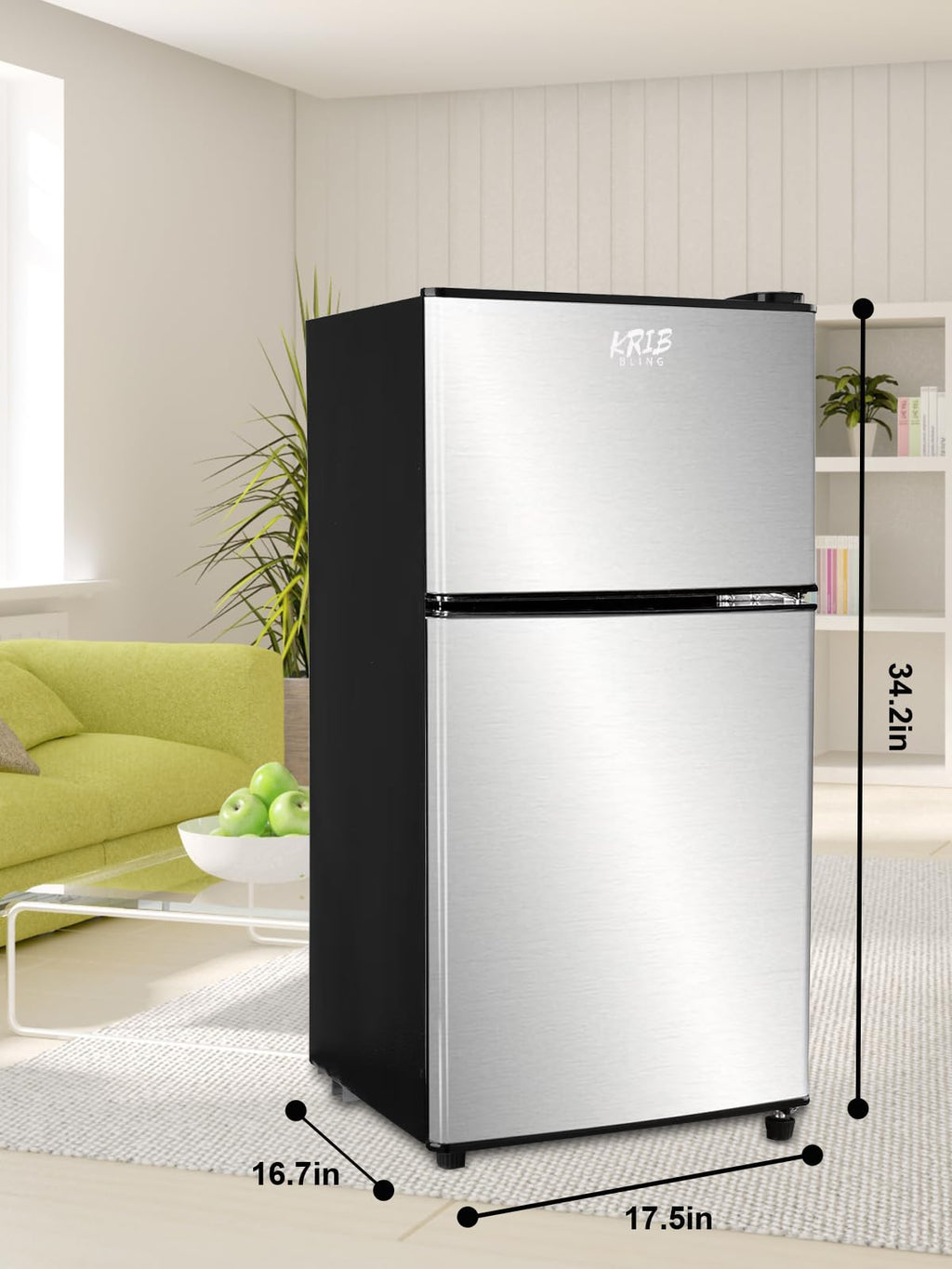 KRIB BLING Mini Fridge With Freezer,3.5 Cu. Ft Compact Refrigerator With 2 Doors,7- Level Adjustable Thermostat, Removable Glass Shelves For Bedroom, Office, Kitchen, Apartment, Dorm, Silver
