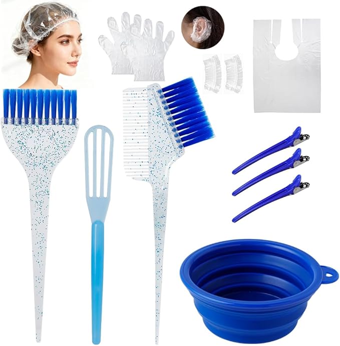 MOONMINI Hair Dye Color Brush and Bowl Set, Color Bowl Brushes Tool Mixing Bowl Kit Tint Comb for Hair Tint Dying Coloring Applicator (Dark Blue&Clear)