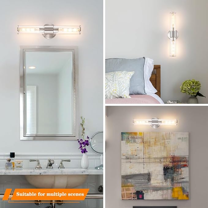 Brushed Nickel Bathroom Sconces Set of 2, Modern Wall Sconce Lighting with Clear Glass, Harded Wired Wall Sconces Set of Two, Wall Light Fixtures over Mirror, Sconces Wall Lighting for Laundry, Porch