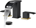 gotonovo Waterfall 8 inch Widespread Bathroom Faucet Set Bathroom Sink Faucet 3 Hole 2 Handle Vanity Lavatory Deck Mount with Pop Up Drain and Water Supply Lines Square Body Matte Black & Brushed Gold