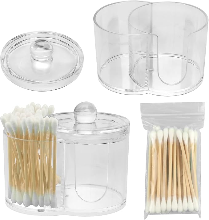 Zornaveli Q Tip Holder, 2-Grid Acrylic Cotton Swab & Cotton Pad Holder, 2 PCS Qtip Holder with Dustproof Lid for Bathroom,With 2 Pack of Qtips, Dressing Table Round Container