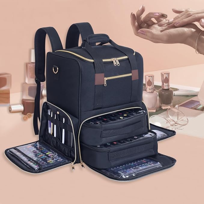 Nail Polish Organizer Backpack Holds 80 Bottles and a Nail Lamp Supplies with 2 Removable Cases Storage Bag Professional Travel Case for Manicurist (Black)
