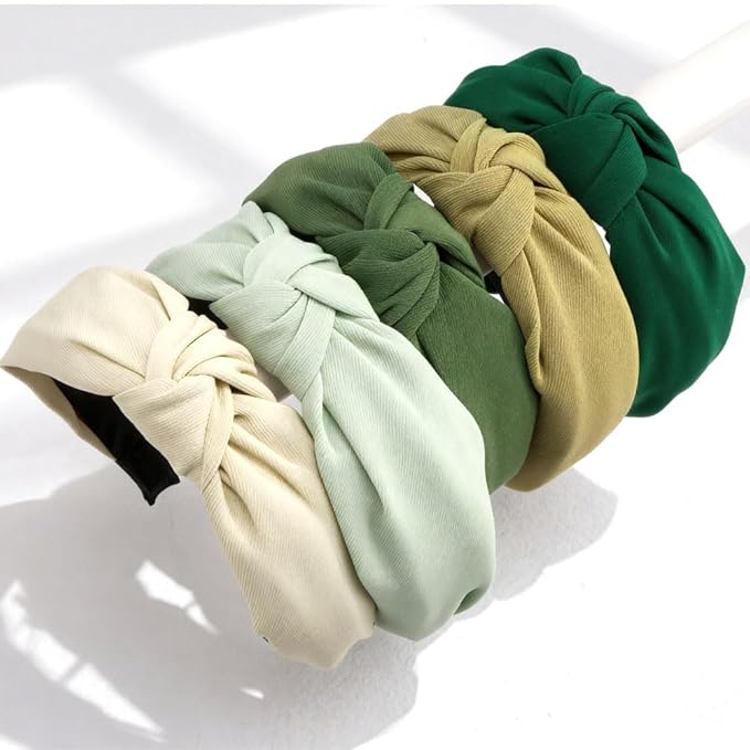 AHONEY 5 Pack Green Knotted Headbands for Women Trendy Fashion Thick Headbands Top Knot Non Slip Cute Hair Accessories Headband Pack Diademas Para Mujer