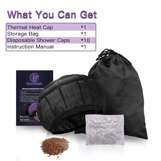 Deep Conditioning Heat Cap Cordless 100% Natural Cotton Flaxseed Seed Interior Microwave Treatment Steam Hot Cap for Deep Conditioning Natural Curly Hair, Drying, Styling (Black)
