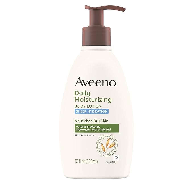 Aveeno Sheer Hydration Fragrance-Free Daily Moisturizing Lotion with Prebiotic Oat for Dry Skin, Lightweight, Fast-Absorbing Body Moisturizer Nourishes Skin with 48-hour Moisture, 12 fl. oz