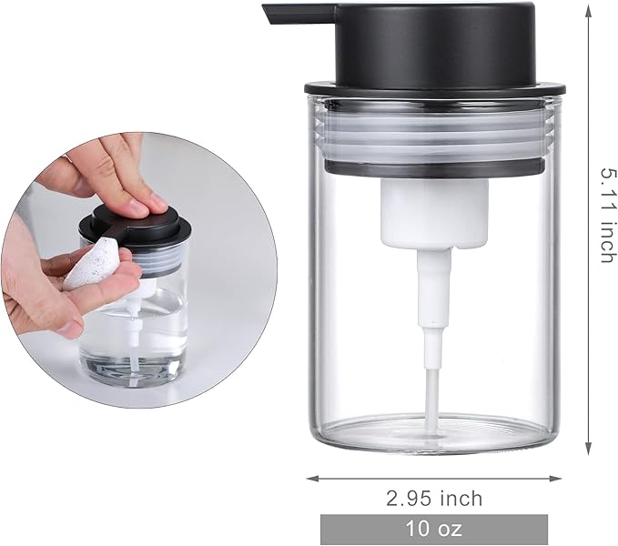 Clear Glass Foam Soap Dispenser, 10 Oz Hand Liquid Bottles with Rust Proof Plastic Pump, Refillable Round Foaming Lotion Dispensing for Kitchen Sink & Bathroom Counter Decorative