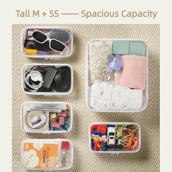WELPIRT 6 pcs Zipper Pouches, Hard Shell Toiletry Bag, Stackable Travel Organizer, Cosmetic Bags, Transparent Diaper Bag, Storage Cases (Tall M + 5S)