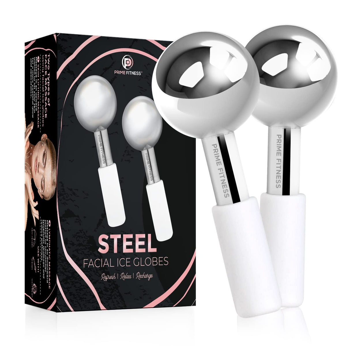 PRIME Fitness Ice Globes for Facials | Unbreakable Steel Cooling Roller | Cryo Sticks for Face | Massager for Face Neck & Eyes | Skin Care for Dark Circles, Puffiness, Wrinkles, (Silver)