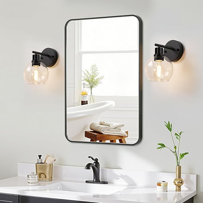 Set of 2 Black Modern Bathroom Wall Sconces, Clear Glass Vanity Lights with E26 Socket, Up & Down Reversible Bathroom Light Fixtures for Mirror, Bedroom, Hallway, Living Room