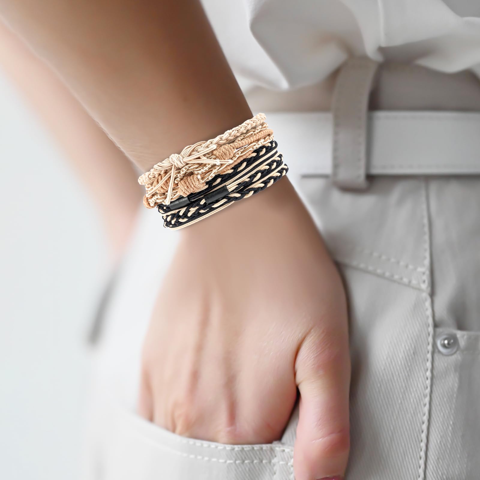 Hair Ties Bracelet Boho Hair Tie for Women, Lolalet Super Cute Soft Braided Elastics, Strong No Pull Nylon Ponytail Holder for Thin Long Curly Hair - 12 Pcs, Style E