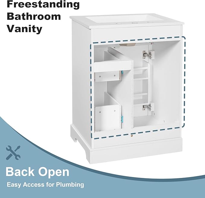 Harper & Bright Designs 24" Bathroom Vanity with Sink, Free Standing Bathroom Vanity Set with Flip Drawer, 2 Drawers, and Storage Rack, Wood Storage Cabinet with Ceramic Basin for Bathroom, White