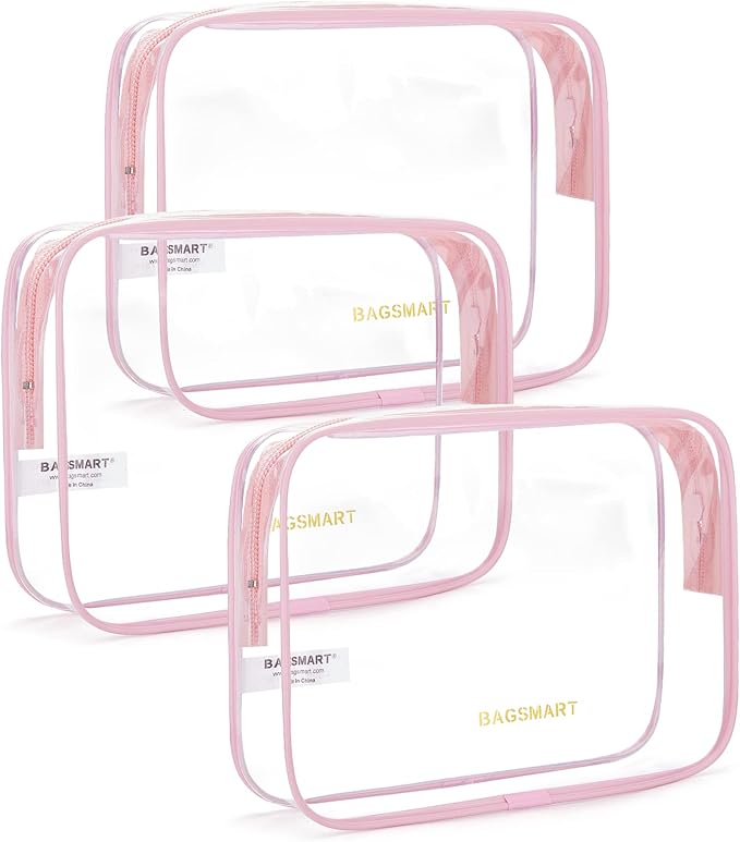 BAGSMART Clear Toiletry Bag 3-Pack TSA Approved Water-Repellent, Pink