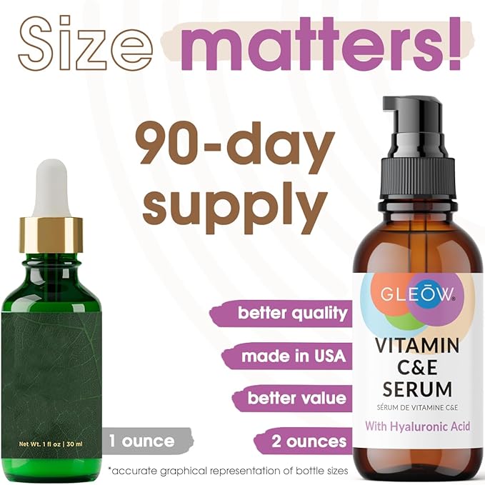 GLEOW Vitamin C Serum for Face with Hyaluronic Acid and Vitamin E, Brightening Face Serum Targets the Appearance of Fine Lines and Uneven Skin Tone, 2 oz