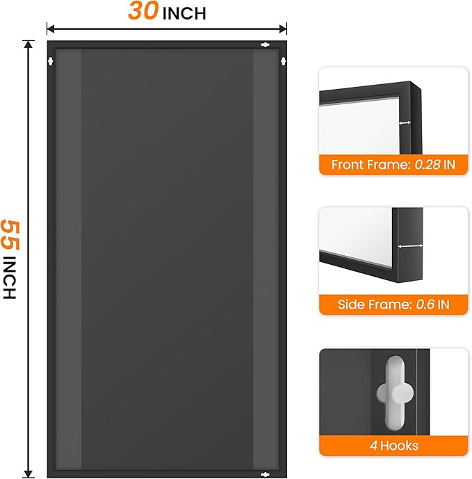 TRAHOME Bathroom Vanity Mirror for Wall, 55" x 30" Metal Framed Rectangular Bathroom Wall Mirror for Over Sink, HD Shatterproof Glass, Hangs Horizontally or Vertically(Black)