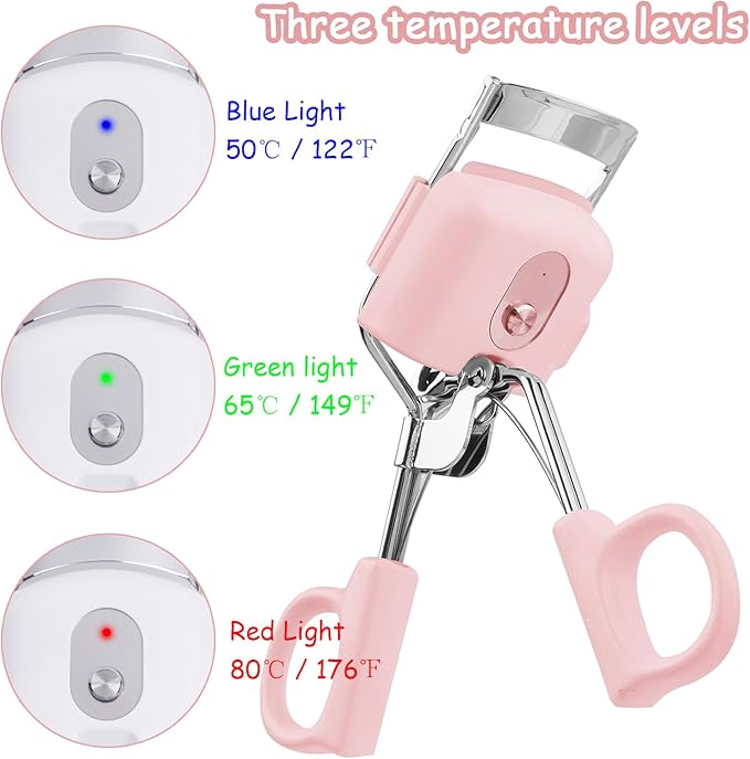 Heated Eyelash Curler, Metal Version, 3 Heating Modes, Rechargeable, Electric Eyelash Curler for Quick Natural Curling & Long Lasting (Pink)