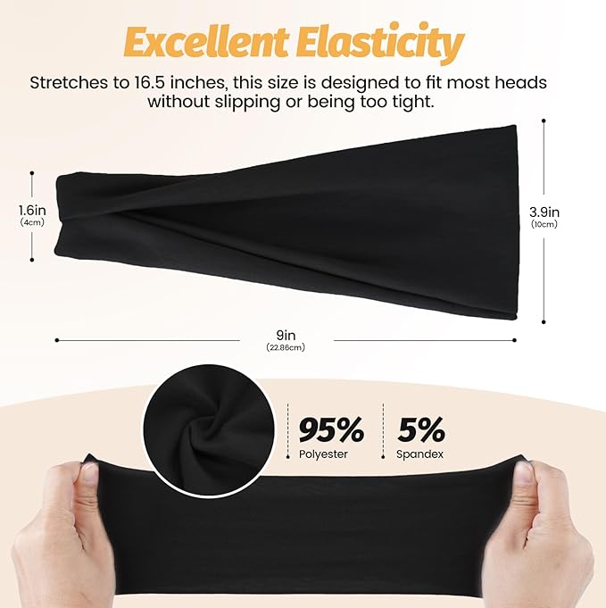 Headbands for Women - 6 Pack Wide Elastic Hairbands | Ultra-Soft Moisture Wicking Sports Headband | Non-Slip Accessories Bands for Fashion, Workouts, Yoga, Daily Use (6 Pack Black)