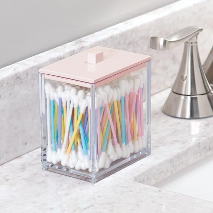 mDesign Plastic Rectangle Apothecary Canister - Organizer for Bathroom Vanity Countertop Shelf Decor - Holds Cotton Swabs, Soap, Makeup, Bath Salts - Lumiere Collection - 2 Pack - Clear/Light Pink