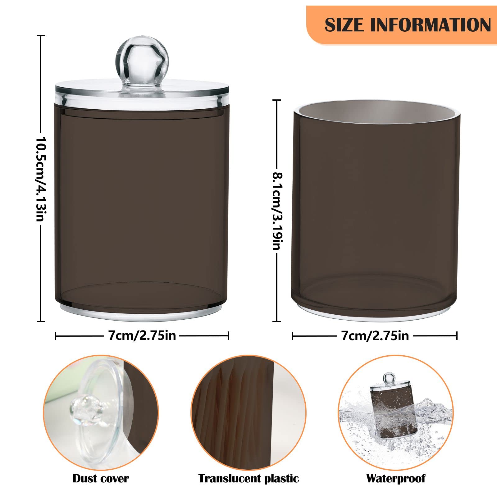 SHJI Brown Qtip Holder Organizer Dispenser Cotton Swabs Cans Plastic Jars with Lid Set 4 Pack Bathroom Storage Canister for Cotton Ball Floss Cotton Pads