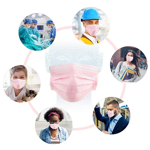 Wecolor 100 Pcs Pink Masks, Disposable Face Mask, 3 Ply Protection Masks