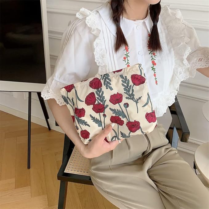 PAZIMIIK Floral Makeup Bag Large Cotton Zipper Pouch for Purse Travel Canvas Make Up Organizer for Women Cosmetic,Poppy Beige