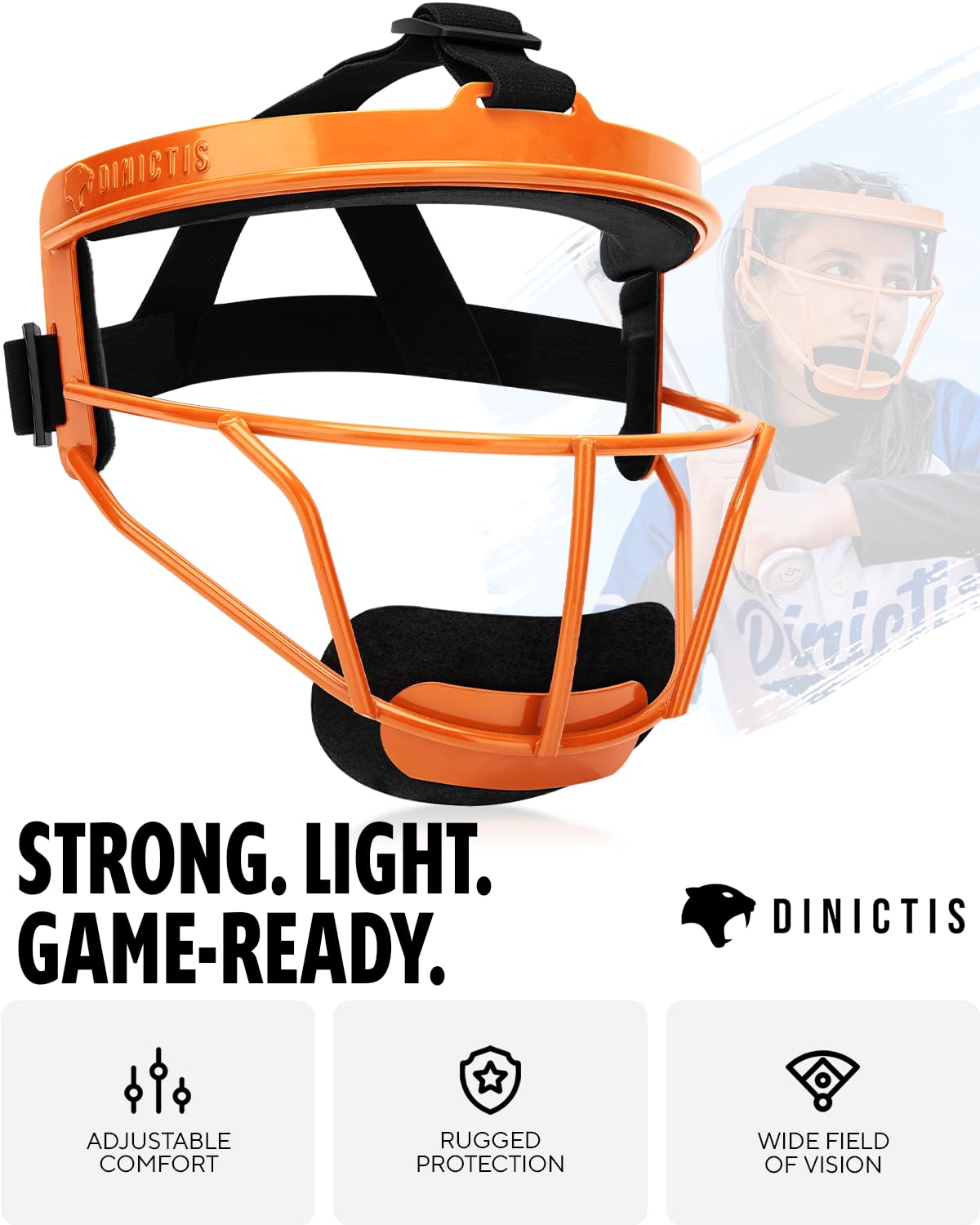 Dinictis Softball Face Mask, Lightweight, Comfortable, with Wide Field Vision, Durable and Safe Face Guards, Premium Protective Softball Fielder's Mask-Vibrant Orange-Adult(L)