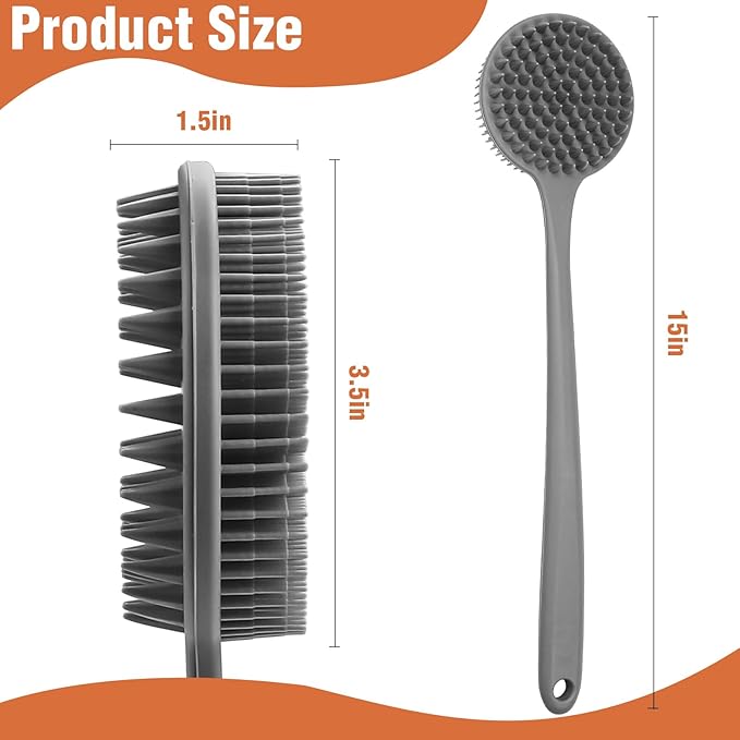 YouthRun Silicone Body Scrubber for Shower Men Women – Dual-Sided Exfoliating & Massage Shower Brush with Long Handle, Creates Rich Lather, Includes 1 Hook & 2 Lather Balls (Gray).