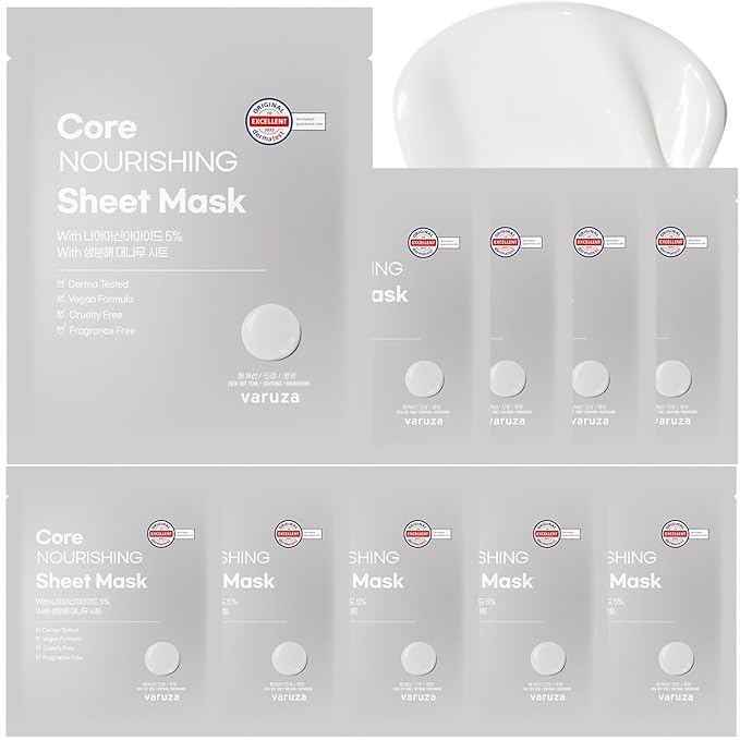 varuza Core Nourishing Sheet Masks with Niacinamide Serum 5% for Dry Skin Tranexamic Acid, Rice Face Mask for Glass Skin Care, Moisturizing Glowing & Anti-Aging, Cruelty Free, Fragrance Free 10 Count