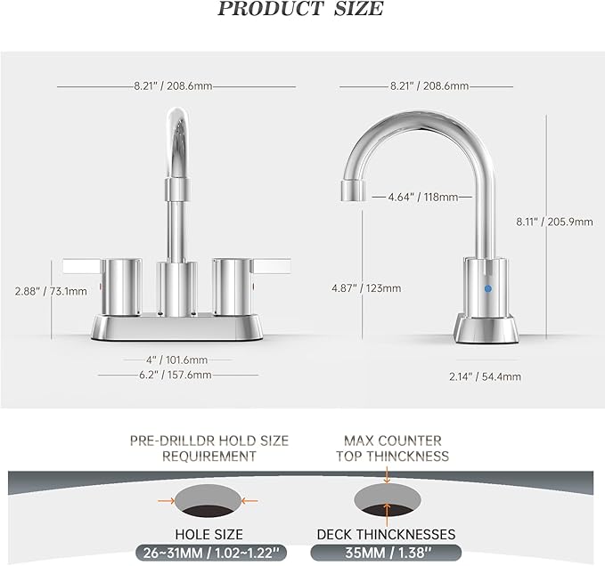 Phiestina 4 Inch Centerset 2 or 3 Holes 2 Handle Chrome Lead-Free Bathroom Faucet, Swivel Spout with Copper Pop Up Drain and 2 Water Supply Lines, BF015-1-C