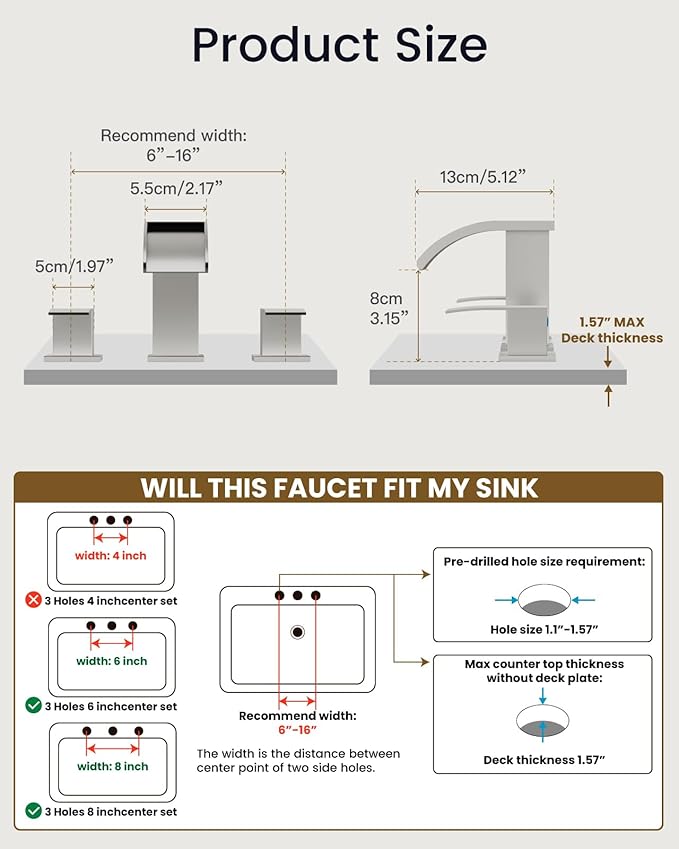 gotonovo Waterfall 8 inch Widespread Bathroom Faucet Set Bathroom Sink Faucet 3 Hole 2 Handle Vanity Lavatory Deck Mount with Pop Up Drain and Water Supply Lines Square Body Brushed Nickel