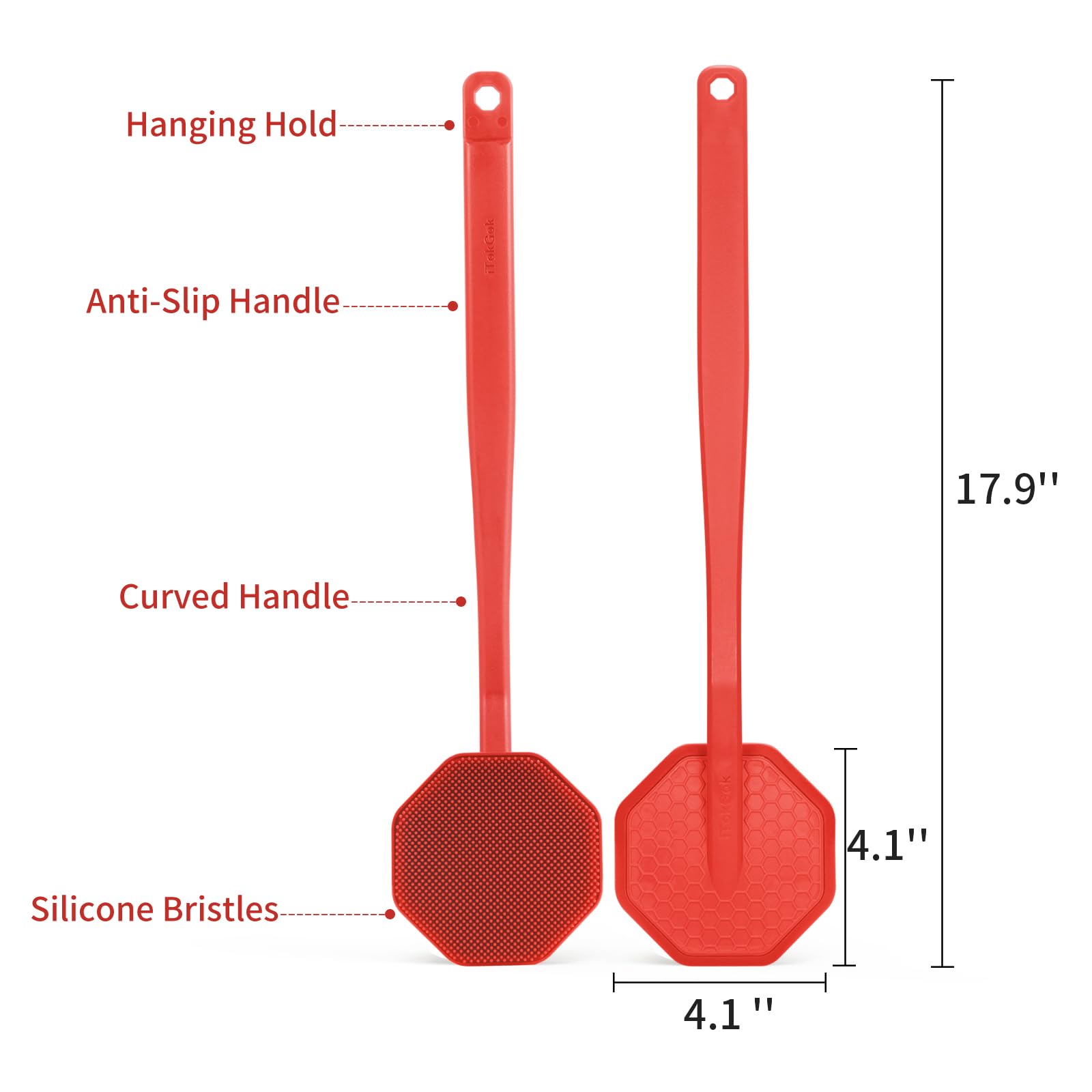 iTOKGOK Silver-Infused Silicone Back Scrubber with Long Handle Back Brush for Shower,Back Scrubber Body Exfoliator Scrubber for All Skin Type and Sensitive Skin - for Men and Women - Red